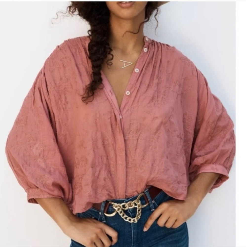 Anthropologie Pilcro Mauve Pink Cotton Floral Embroidered Button-up Batwing Top - Picture 2 of 9